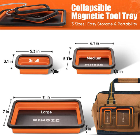 Collapsible Magnetic Parts Organizer Trays With 12 Inch Flexible Magnetic Pickup Tool, small, medium, large sizes displayed