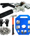 Top Shelf 304 Stainless Steel Strapping Kit With Heavy Duty Ties And Ratcheting Tensioner Tool, gloves, hammer, and buckles set.