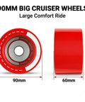 90mm 78A Red Electric Skateboard Wheels for Longboards and Cruisers, side and front view, large comfort ride.