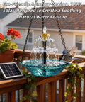 Solar Cascade Hanging Bird Bath Fountain With Auto Pump, Outdoor Bird Bowl Water Feature for hummingbirds on porch