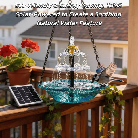 Solar Cascade Hanging Bird Bath Fountain With Auto Pump, Outdoor Bird Bowl Water Feature for hummingbirds on porch
