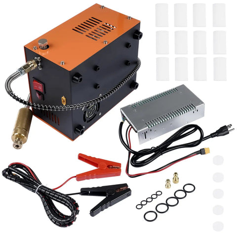 Rock Solid Heavy Duty High Pressure Portable Pcp Air Compressor Pushes Hard To 4500 Psi With Brushless Motor for quick tank top ups and accessories.