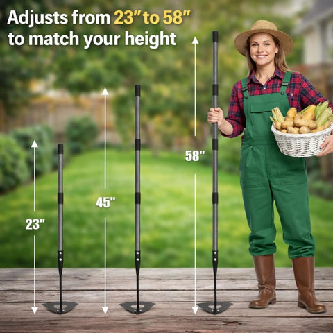 Heavy Duty Garden Weeding Tool With Hollow Blade And 58 Inch Adjustable Handle shown with height adjustment range