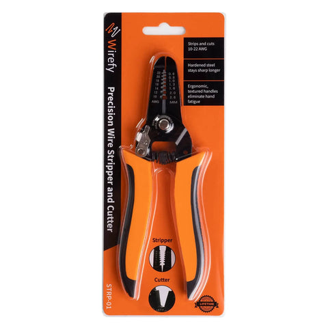 Pro Grade All In One Wire Stripper And Cutter For Solid And Stranded Wires 22 To 10 AWG in packaging with ergonomic grip
