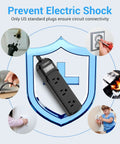 Graphic highlighting safety features of IPX6 Waterproof Outdoor Surge Protector Power Strip With 3 Wide Spaced Outlets 3 Ft Cord On Off Switch Safety Lock ETL Certified For Patio Garden And Holiday Lights.