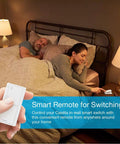 Couple in bed using Pico Remote For Caseta Smart Switch 2 Button On Off Control That Works Handheld Or On Table Top Or Wall Mount.