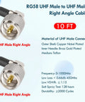 Right Angle 10 Foot RG58 Coax Cable PL 259 UHF Male To Male For CB Radio And HAM Radio, cable details displayed