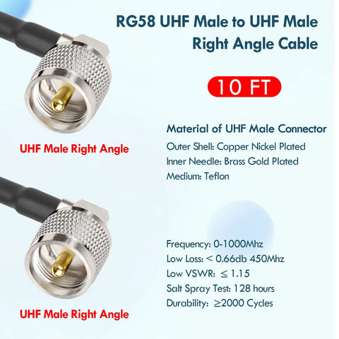 Right Angle 10 Foot RG58 Coax Cable PL 259 UHF Male To Male For CB Radio And HAM Radio, cable details displayed