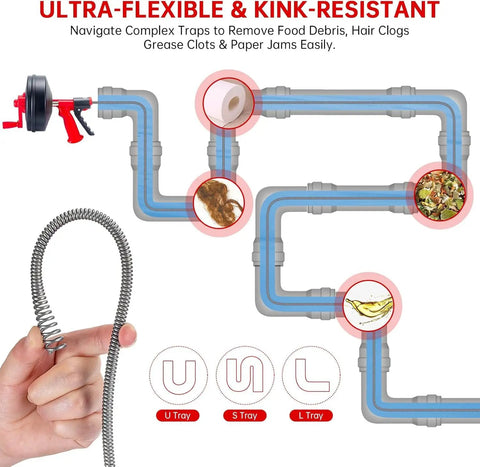 Flexible Drain Snake Hair Clog Remover Comes Decked Out With A Drill Adapter To Blast Nasty Sink Tub And Shower Blockages Dead Fast So Your Lines Glide Smooth Without Any Chemical Fuss, showcasing flexible design navigating plumbing.