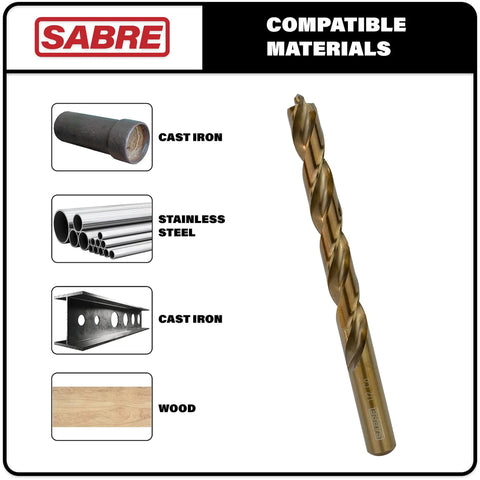 Five Piece Cobalt Drill Bit Set One Sixteenth Inch By One And Three Quarters Inch M35 With Split Point Tip For Steel Hard Metal And Cast Iron, showing drill bit and compatible materials.