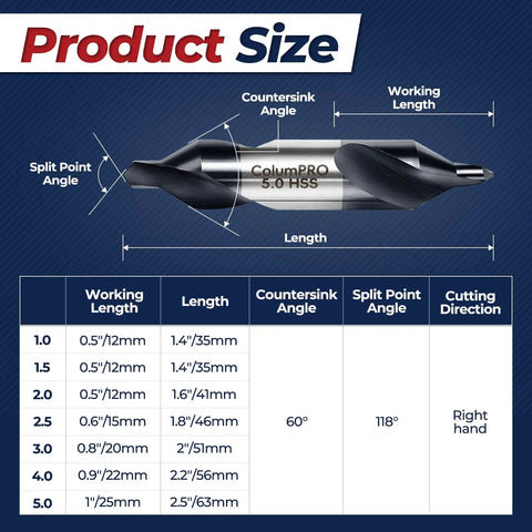 Diagram of ColumPRO 5.0 HSS center drill bit showing size details for 7 Piece Cobalt Center Drill Bit Set With AlCrN Coating M35 HSS.