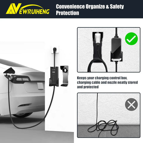 Wall Mount EV Charger Holder With SAE J1772 Nozzle Holster And Cable Organizer Plus Control Box Dock mounted beside a Tesla.