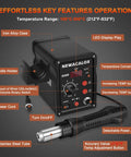 Hot Air Rework Station With Soldering Capability And Airflow Adjustable Fast Warm Up In 3 To 5 Seconds Digital LED Display Desoldering Tool For BGA IC SOIC QFP PLCC And More For Hobbyists And Pros Up To 500 Degrees Celsius featuring LED display and temperature range details.