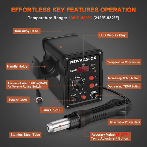 Hot Air Rework Station With Soldering Capability And Airflow Adjustable Fast Warm Up In 3 To 5 Seconds Digital LED Display Desoldering Tool For BGA IC SOIC QFP PLCC And More For Hobbyists And Pros Up To 500 Degrees Celsius featuring LED display and temperature range details.
