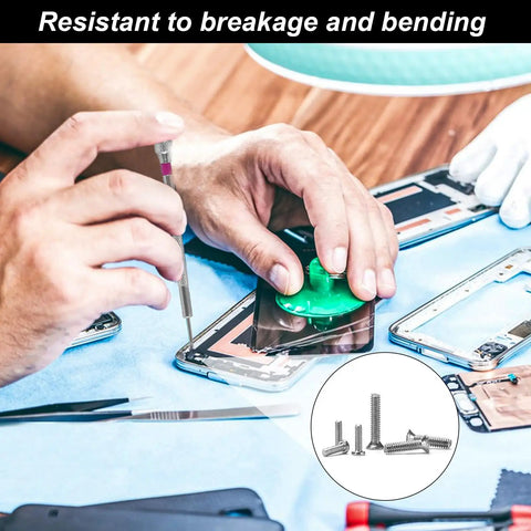 Technician using 500Pcs Self Tapping Screw Kit M1.2 M1.4 M2 for eyeglasses, watches, electronics repair, with stainless steel screws and screwdriver