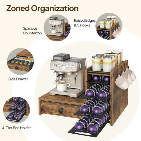 Coffee Pod Drawer Organizer, 4 Tier Holder For Vertuo, 72 Pod Capacity with side drawer and hooks, rustic brown and black