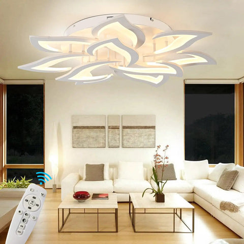 Modern 10 Head Dimmable LED Ceiling Light With Remote Control, Metal And Acrylic Petal Design above living room setup
