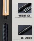 Slick Carbon Fiber Pool Cue Set Featuring Pro Taper Shaft And Low Deflection Design, showcasing adjustable weight bolt and extension.