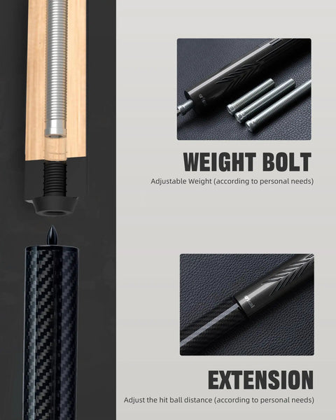 Slick Carbon Fiber Pool Cue Set Featuring Pro Taper Shaft And Low Deflection Design, showcasing adjustable weight bolt and extension.