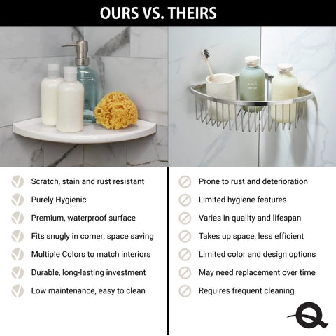 Comparison of 10 Inch Corner Shower Shelf With Lugged Mount for Quick Install, showing bathroom storage solutions side by side.