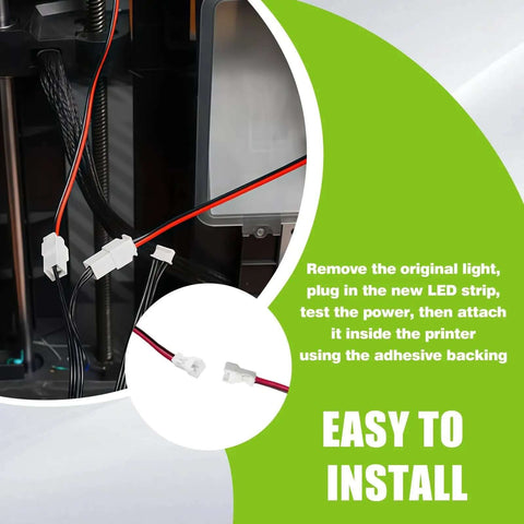 Two Pack LED Light Strip Kit For K2 Plus 3D Printer installation guide with adhesive backing and plug connectors, easy to install