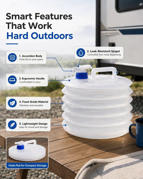 Grab And Go Collapsible Water Container With Spigot For Camping And RV Trips on outdoor table