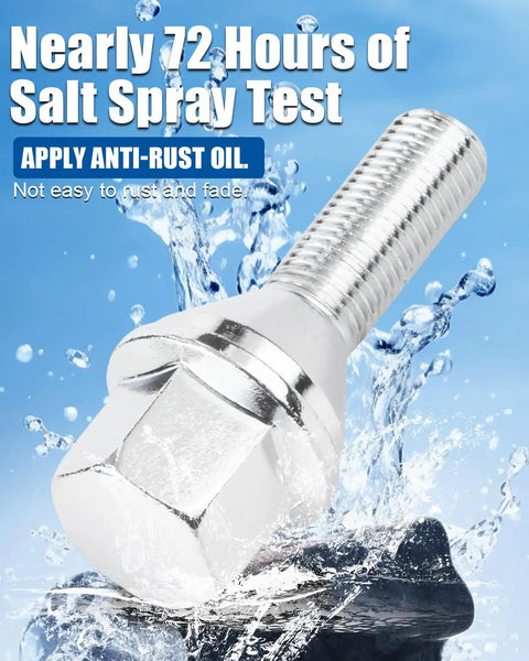 Rock Solid M12 X 1.25 Oem Wheel Lug Bolts Featuring 28Mm Shanks and Tapered Cone Seats, showing resistance in salt spray test.