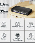 Unmanaged 10Gb Ethernet Switch with 2 10Gb RJ45 Ports and 8 2.5Gb Base-T Ports on a desk, highlighting features