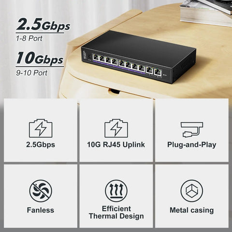 Unmanaged 10Gb Ethernet Switch with 2 10Gb RJ45 Ports and 8 2.5Gb Base-T Ports on a desk, highlighting features