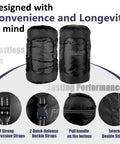 Black Compression Sack That Frees Up 40 Percent More Space, Ultralight Sleeping Bag Stuff Sack, Water Resistant, with straps and handle.