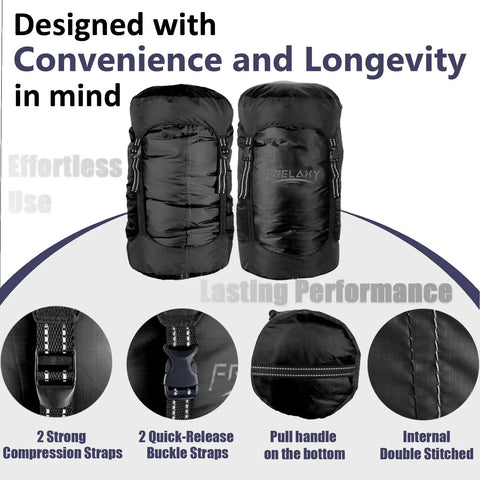 Black Compression Sack That Frees Up 40 Percent More Space, Ultralight Sleeping Bag Stuff Sack, Water Resistant, with straps and handle.