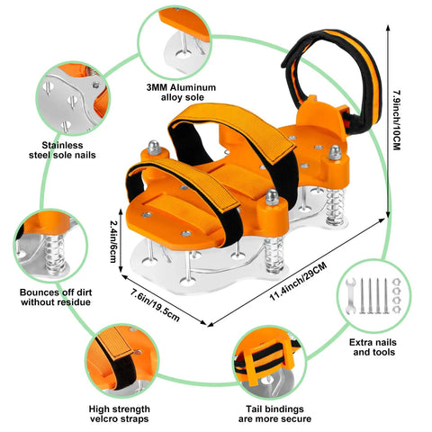 Lawn Aerator Shoes With Double Layer Spring Design And Aluminum Base For Effortless Yard Aeration No Mess On Your Shoes Great For Patio And Garden Sessions In Orange, with size and material details.