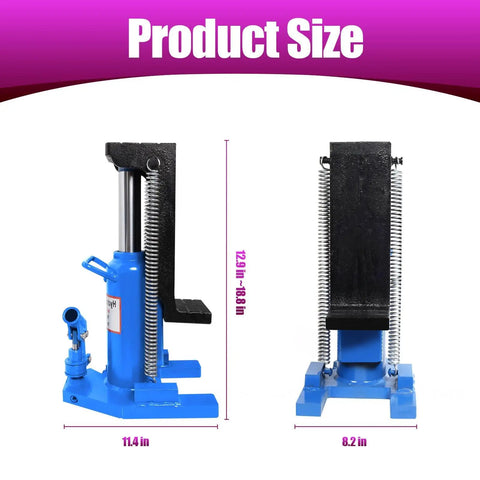 Heavy Duty Hydraulic Toe Jack, 20 Ton Lift Capacity, rugged steel build, shown with size dimensions 11.4 in and 12.9 in to 18 in.