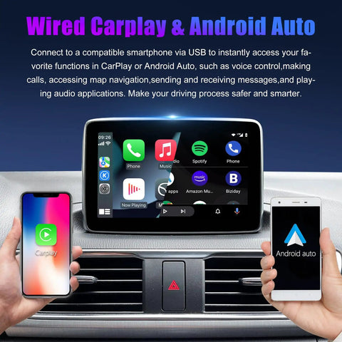 Mazda CarPlay and Android Auto Retrofit Kit for MZD Connect system with Type-C fast charging displayed on car infotainment screen.