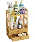 Bamboo Bathroom Countertop Organizer With 2 Tier Makeup Storage And 2 Drawers, Vanity Shelf for skincare and hair tools.