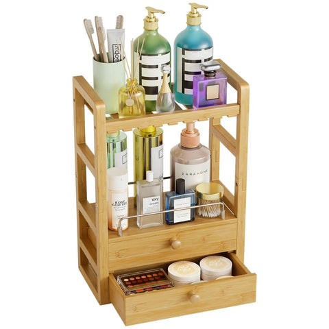 Bamboo Bathroom Countertop Organizer With 2 Tier Makeup Storage And 2 Drawers, Vanity Shelf for skincare and hair tools.