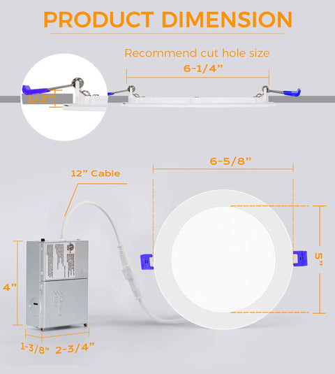 Dimensions of Six Pack Ultra Thin 6 Inch LED Recessed Downlights With Adjustable Color Temperature 3000K 4000K 5000K, Dimmable 15W