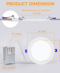Diagram of Six Inch LED Recessed Light Canless Wafer Kit dimensions, showing cut size, cable length, and junction box.