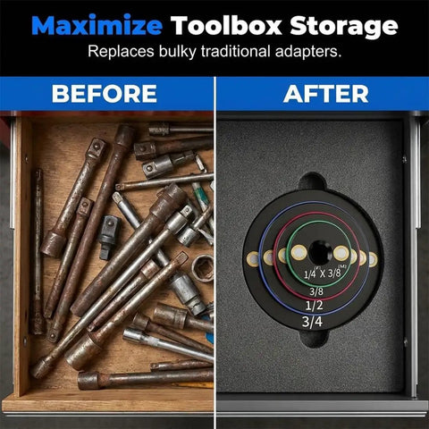 Ultra-Low Profile Impact Socket Adapter Set With 4 Pieces Magnetic Ratchet Tools For Tight Spaces And Stubby Socket Conversion From 14 To 34 Drive Sizes Making Your Repair Job A Total Win With Precision Engineering, drawer before and after tool storage