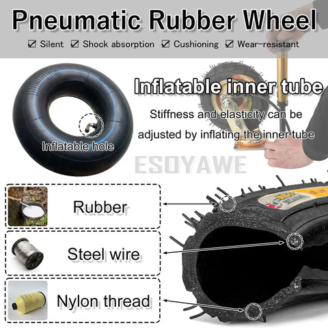 Four Pack Heavy Duty Pneumatic Caster Wheels Eight Inch And Ten Inch Rubber Tire Casters Roll Smooth With Swivel Brake Steel Hub Built Tough To Move Heavy Loads Without Breaking A Sweat