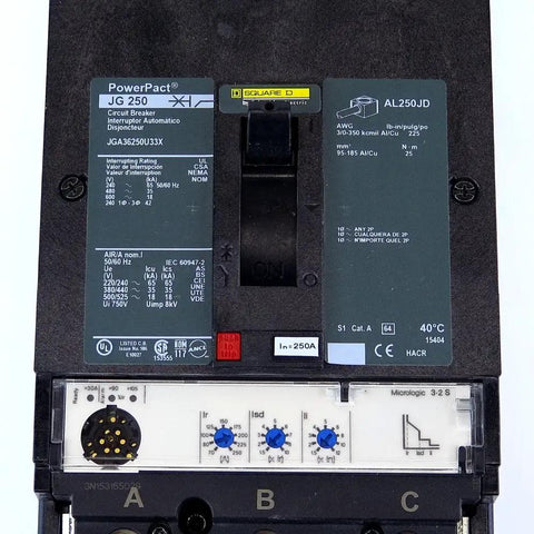 Pro Grade 250 Amp 3 Pole Circuit Breaker JGA36250U31X close-up view of details and labeling on the electrical component.