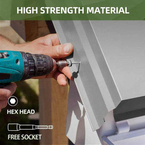 Heavy Duty Metal Roofing Screws Featuring Knockout Rubber Washers And Hex Bit Driver Ten Gauge By Three Fourth Inch Self Drilling Sheet Metal Fasteners For Rigid Builds And Zero Hassle Crews Wrapping Up Jobs Quick, securing metal panel with hex drill.