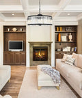 Chelsea Collection 10-Light Pendant Lamp With Royal Cut Crystals And Mocha Brown Finish illuminating a modern living room.