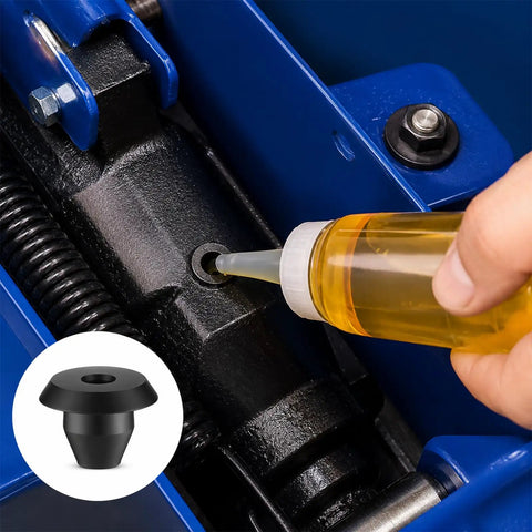 Applying oil to a jack with 30 Pack Bottle Jack Rubber Plugs For 5 16 Inch Hole Flat Head Hydraulic Oil Filler Bung.
