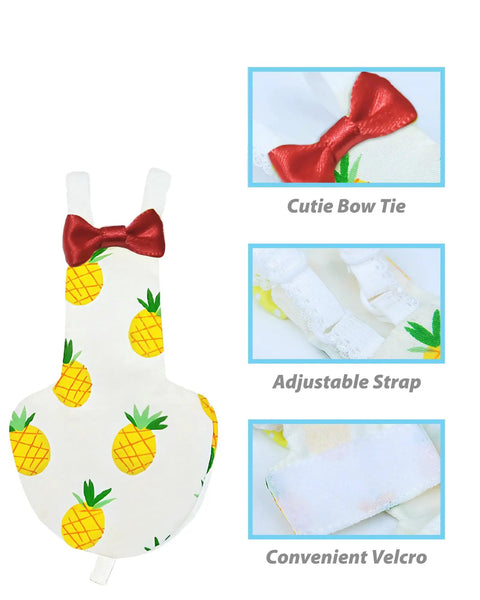 Two Pack Bird Diapers With 78 Inch Flying Leash Reusable Feather Friendly Fly Ready Flight Suit with pineapple design and bowtie