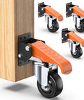 3 Inch Side Mount Swivel Workbench Castors With Step Lift Pedal For Easy Mobility Heavy Duty Caster Set Supports Up To 1100 Lbs Installed on a wood beam.