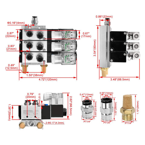 All-In-One Electrical Pneumatic Triple Solenoid Valve 4V210-08 DC24V PT1 Quarter Inch Port with manifold and quick fittings