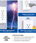 No Fuss 15 Amp Gfci Outlet With Self Test Every Five Seconds, showing surge protection, flame resistance, and durability features.