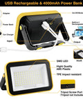 Rechargeable 40W LED Work Light With Tripod Hole, showcasing USB ports, 4000mAh power bank, and LED panel with ABS frame.