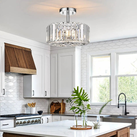 Gold Finish 11.88 Inch Semi Flush Mount Crystal Ceiling Light With Two Lights Modern Round Crystal Chandelier in kitchen